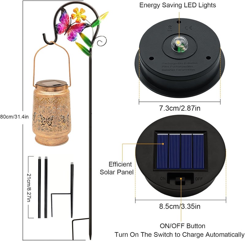 SANDECO 2 Pack Solar Lanterns Outdoor Butterfly Garden Decor, Gifts for Women Mom Grandma Birthday, Waterproof Metal Hanging Solar Lights LED Decoration with Shepherd Hook Outside for Yard Patio Lawn Porch - Image 4